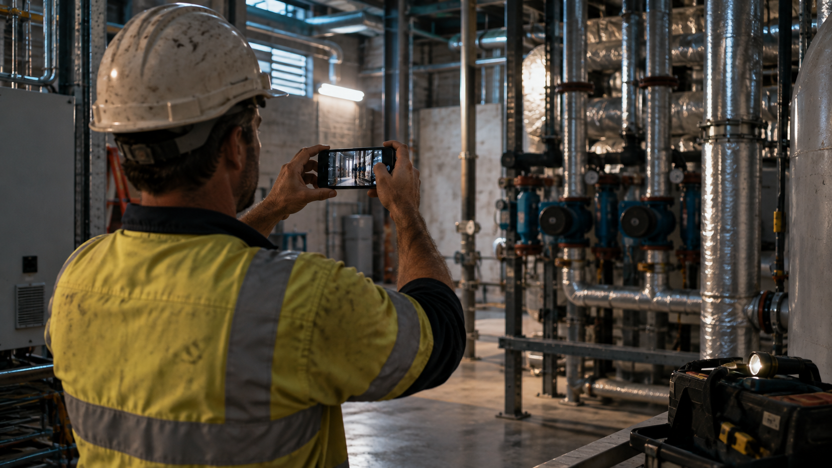 A worker in hi-vis photographing plant room equipment with a phone