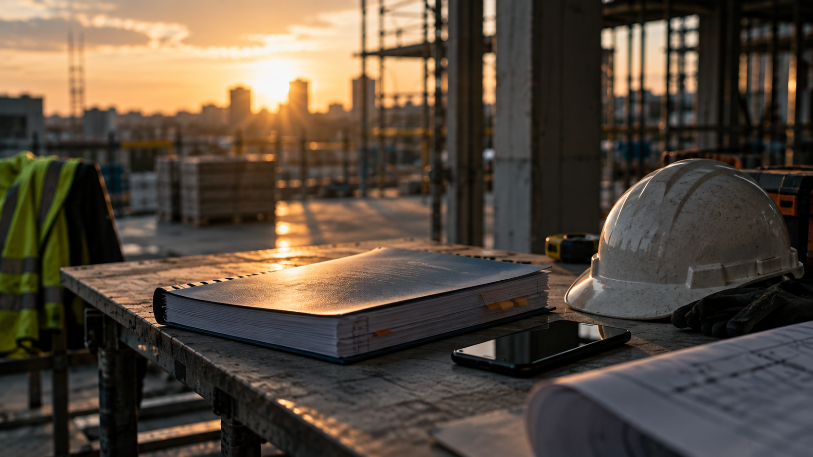 A closed job folder, hard hat and phone on a site bench at sunset