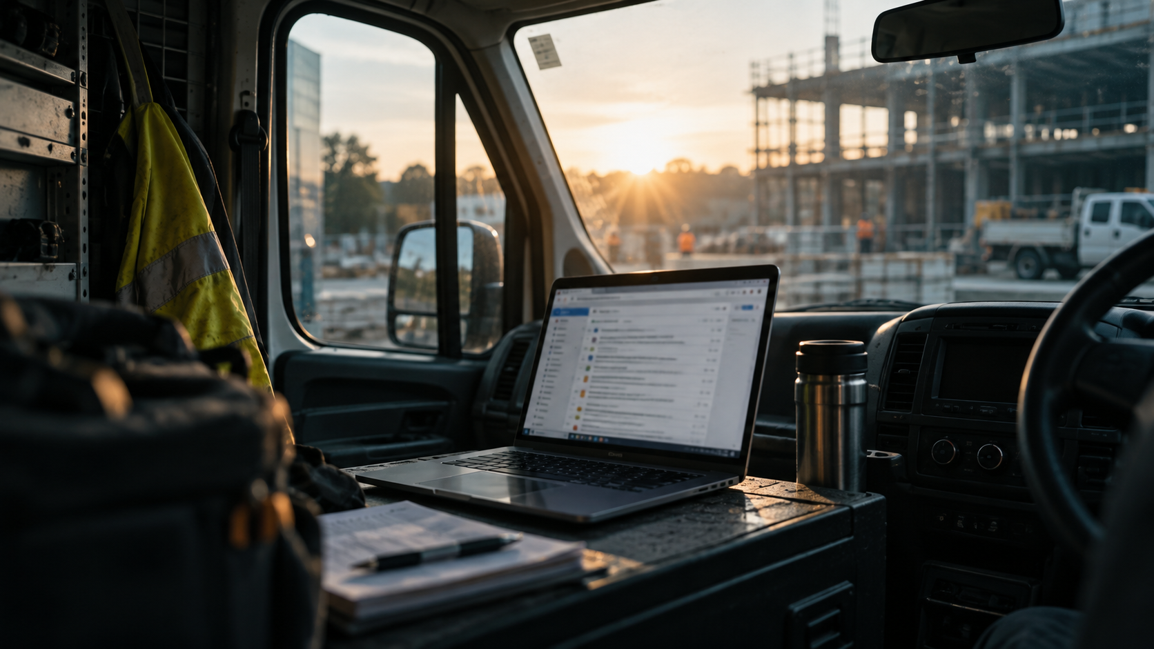 A laptop open on a work ute dashboard at sunrise, a work order inbox on screen