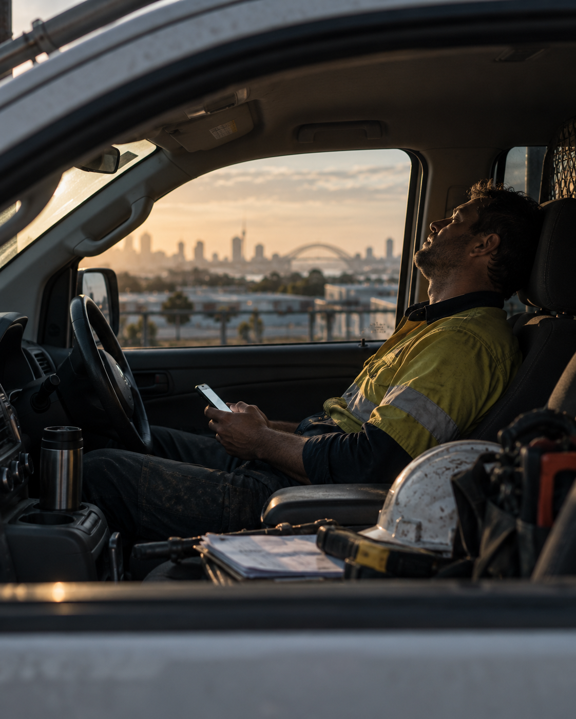 A tradie in hi-vis at a site gate, checking a phone before starting work