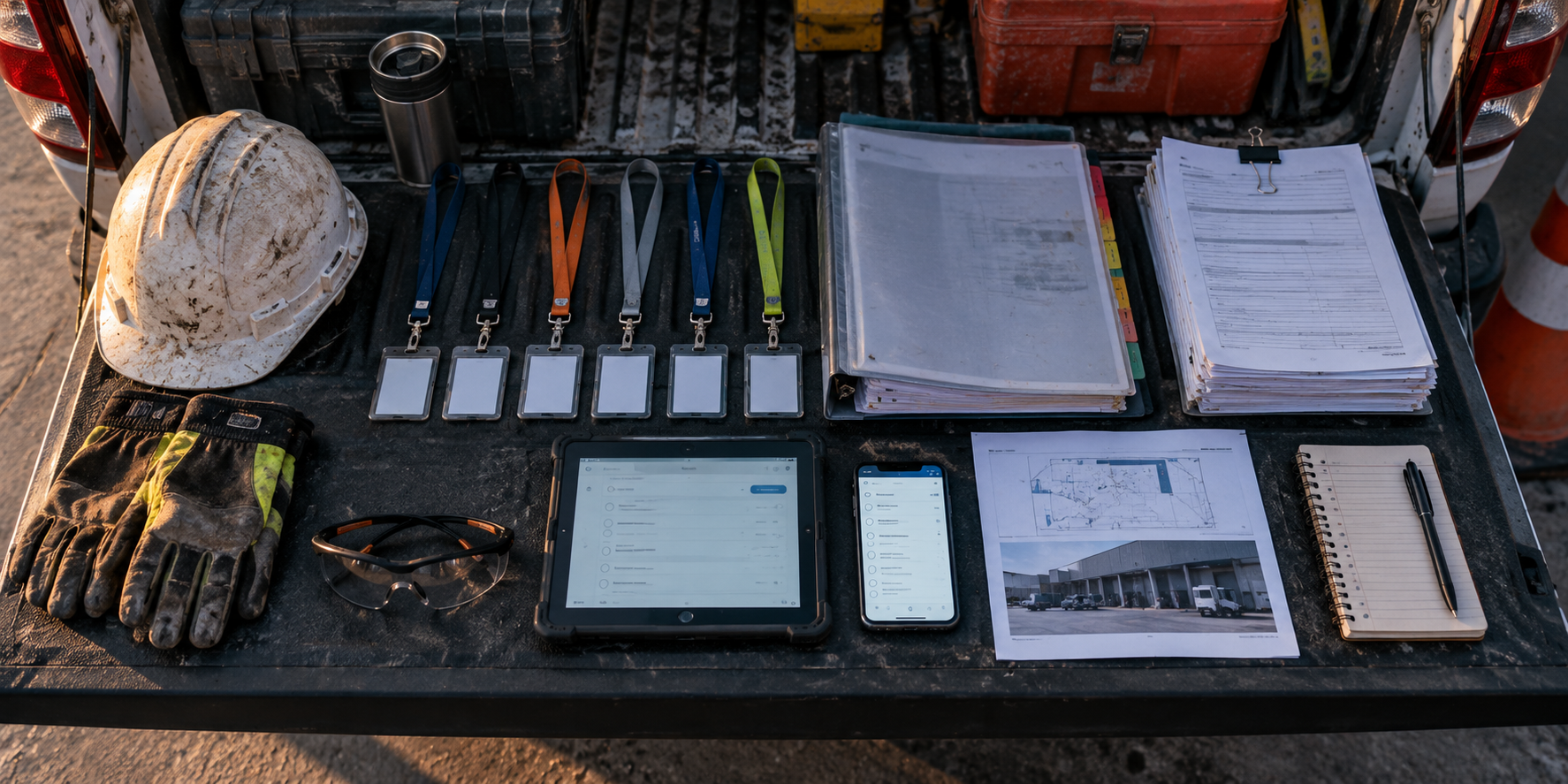 A flat-lay on a ute tray: hard hat, gloves, six lanyards, folders of paperwork, tablet, phone, site drawings and notebook